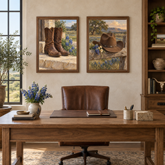 Western boots and hat set displayed in a home office