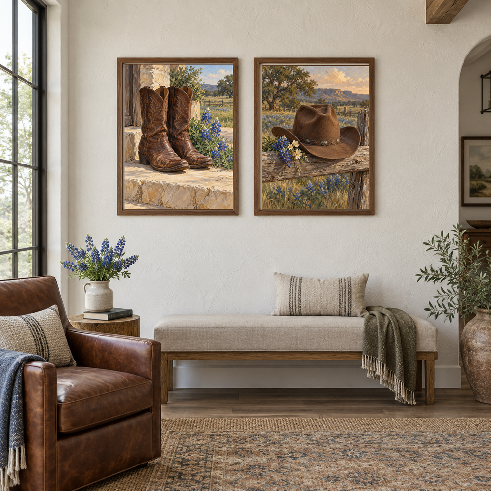 Boots and hat oil paintings in a refined living room