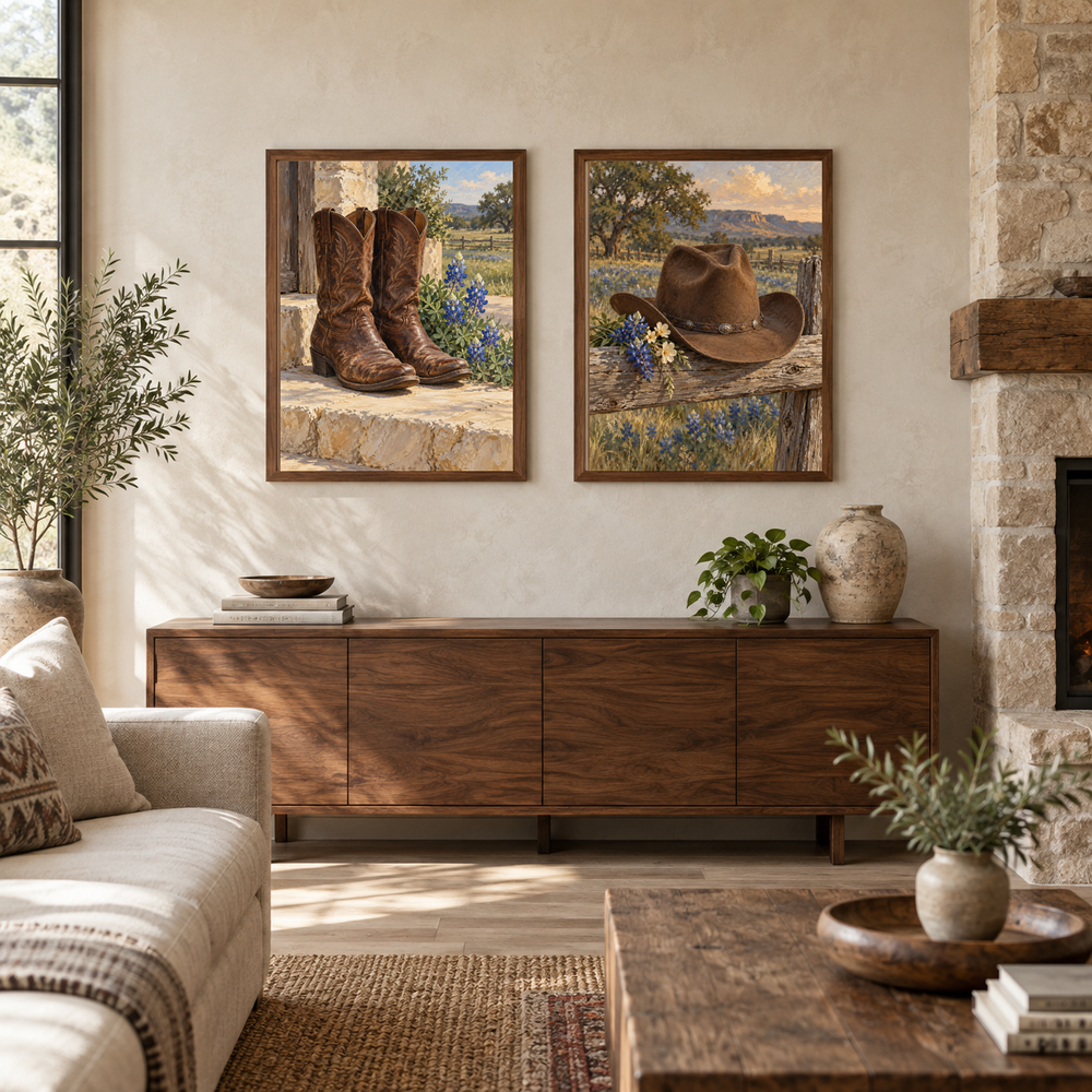 Western art set above a walnut console
