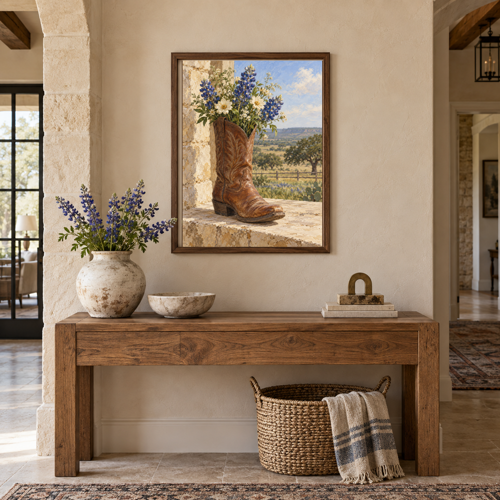 Bluebonnets in a cowboy boot oil painting above an entry console