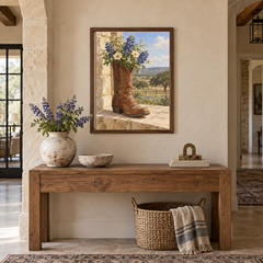 Bluebonnets in a cowboy boot oil painting above an entry console