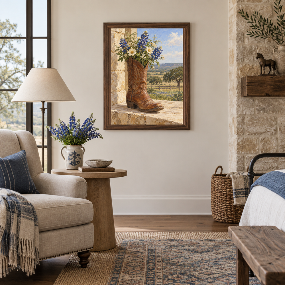 Western floral painting in a bright living room