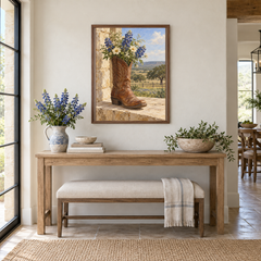 Bluebonnet boot wall art in a dining area