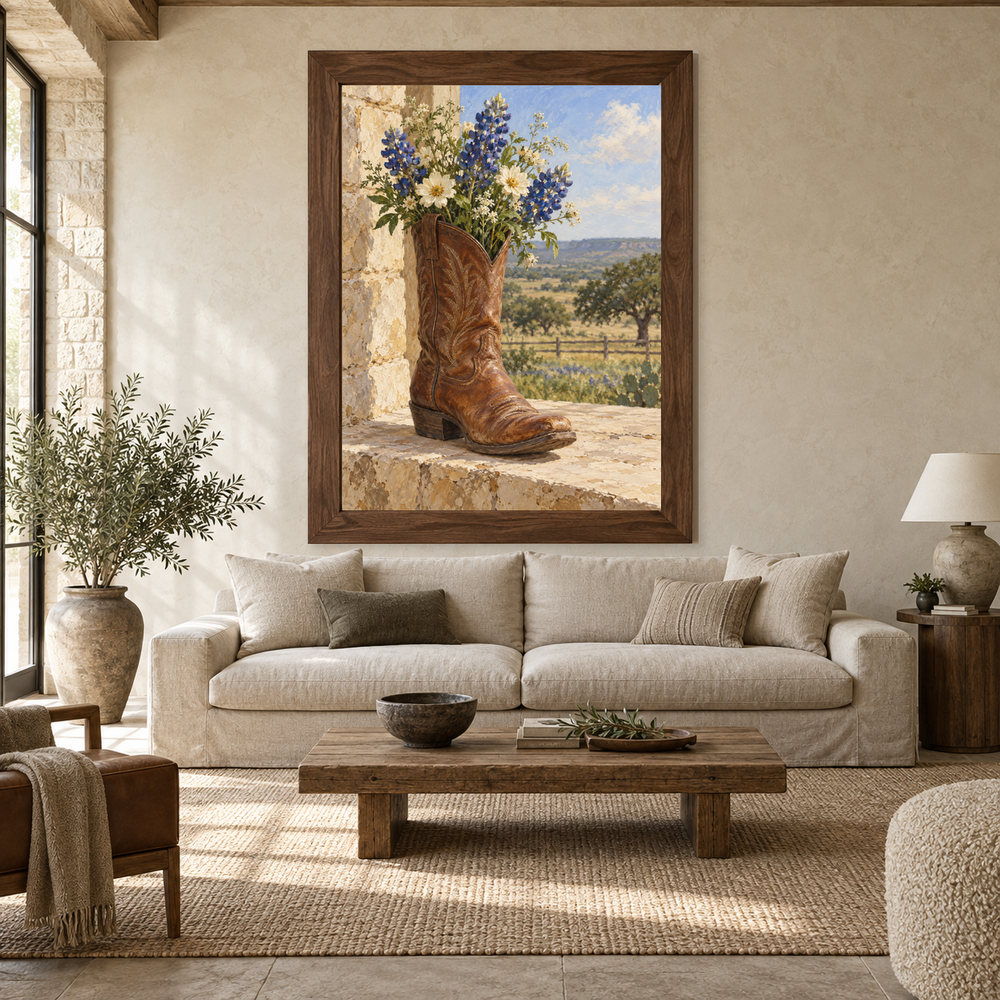Cowboy boot floral painting in a living room