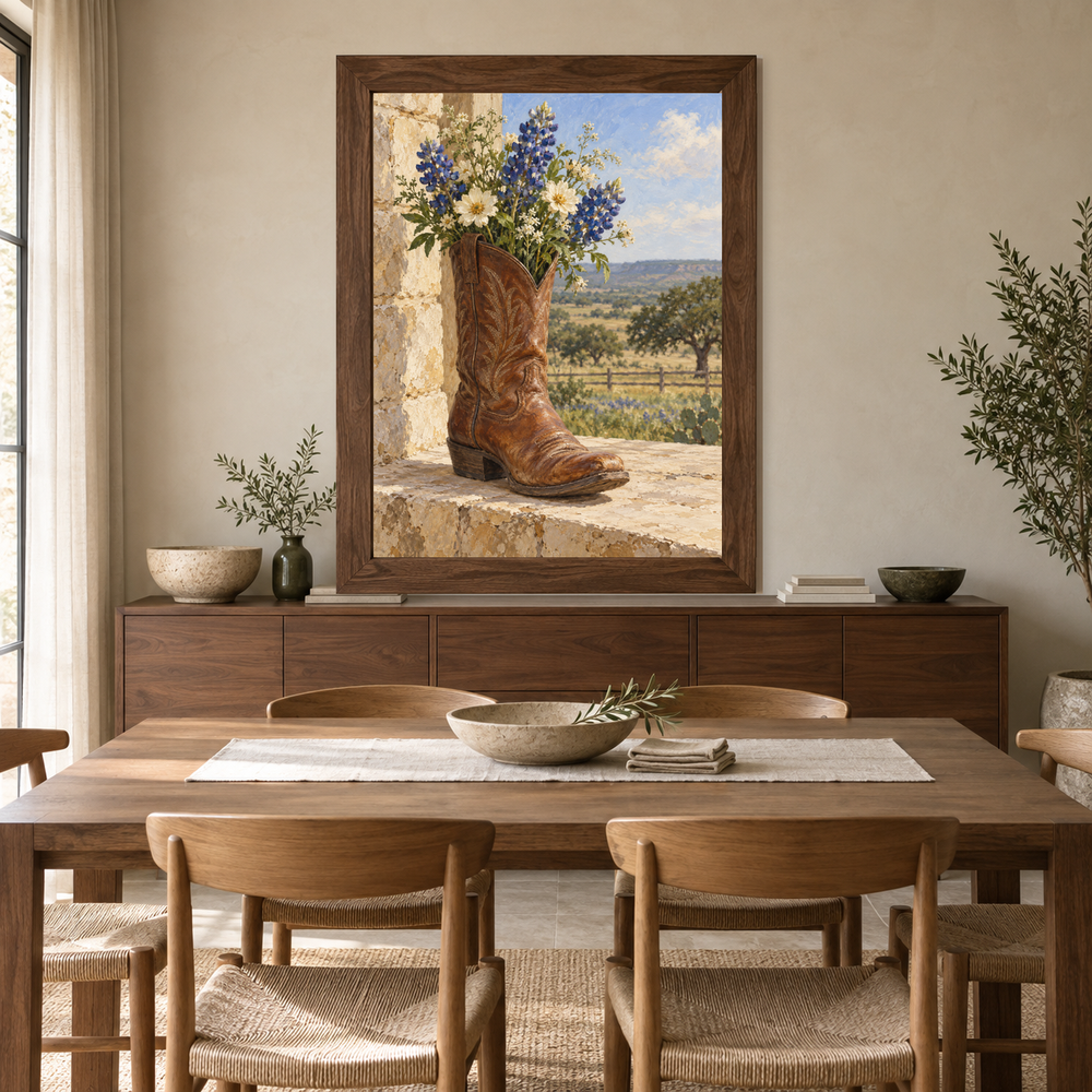 Western flower painting above a dining console