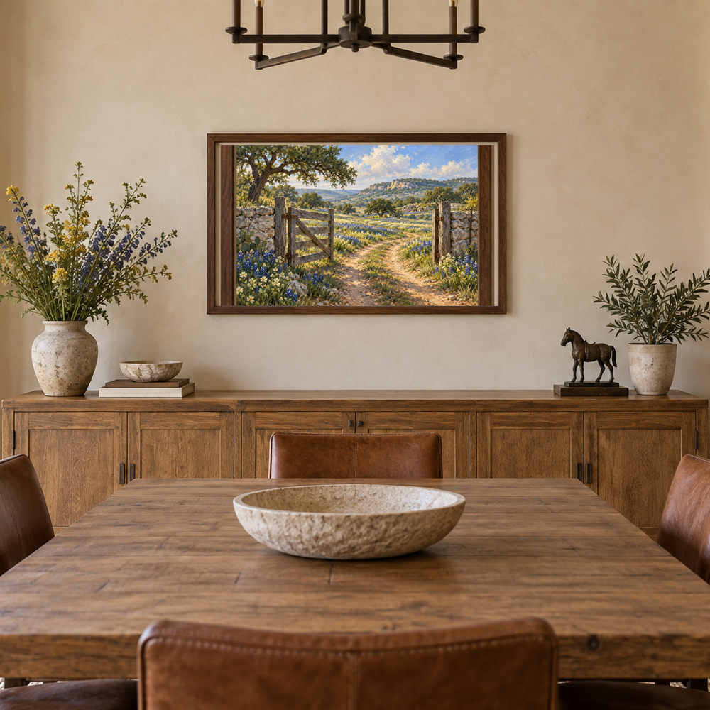 Texas bluebonnet gate painting above a dining sideboard