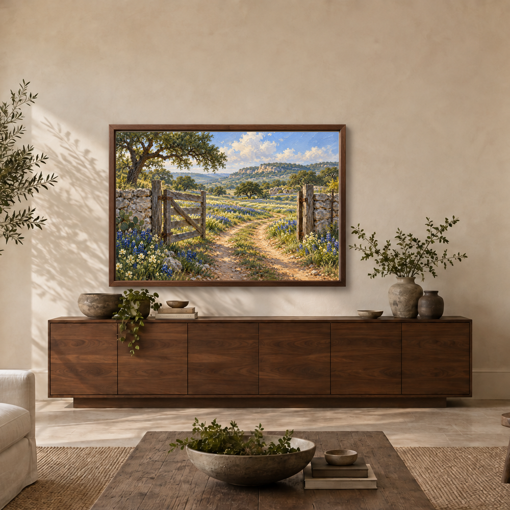 Western landscape above a dining room sideboard
