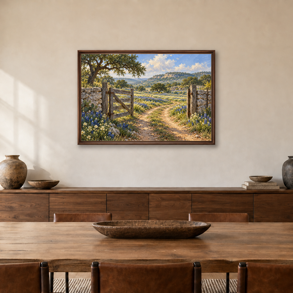 Bluebonnet ranch landscape in a dining room