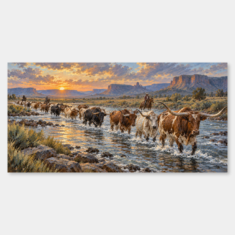 Longhorn River Crossing Western artwork shown in its panoramic original composition