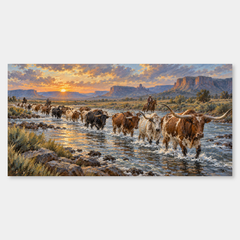 Longhorn River Crossing Western artwork shown in its panoramic original composition