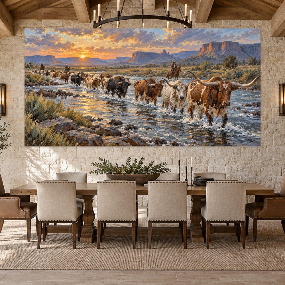 Longhorn River Crossing Western artwork displayed in a spacious refined interior, scene 2