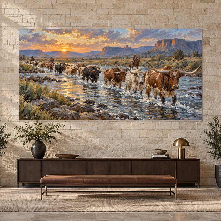 Longhorn River Crossing Western artwork displayed in a spacious refined interior, scene 3