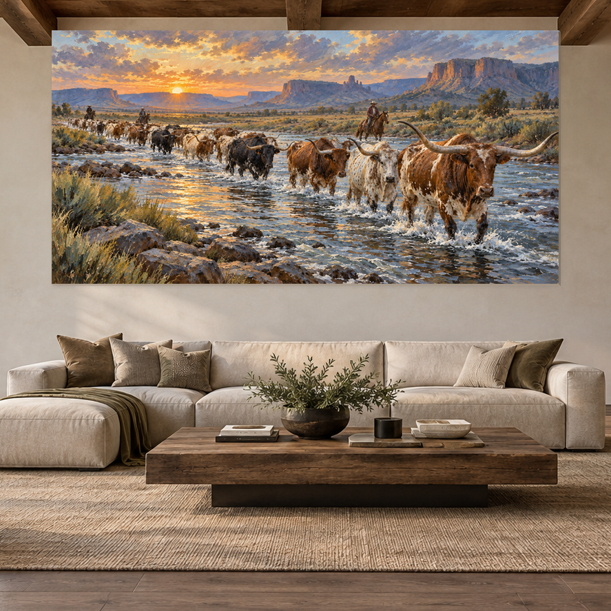 Longhorn River Crossing Western artwork displayed in a spacious refined interior, scene 4