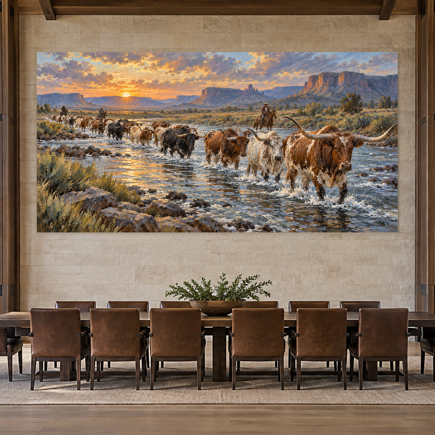 Longhorn River Crossing Western artwork displayed in a spacious refined interior, scene 5