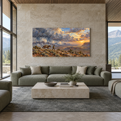 Rain Lifts Over the Breaks above a complete green sofa in a ranch living room