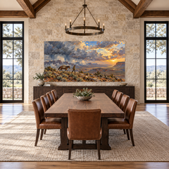 Rain Lifts Over the Breaks above a long table in a limestone and leather dining room
