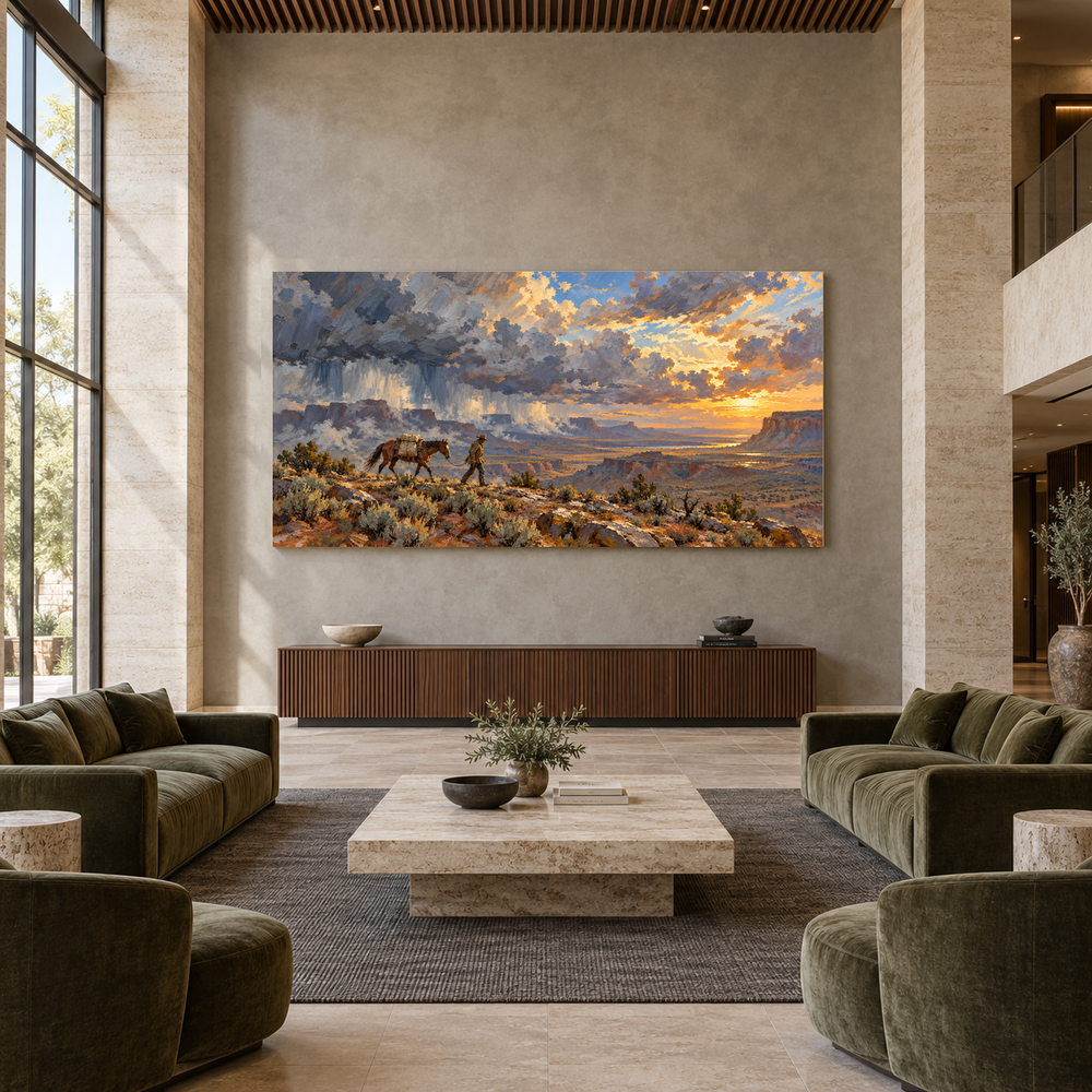 Rain Lifts Over the Breaks above a walnut console in a spacious lobby