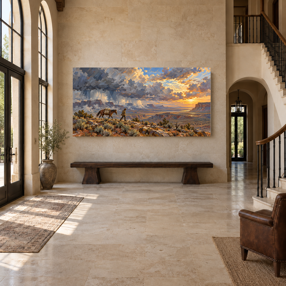 Rain Lifts Over the Breaks above an oak bench in a limestone entryway