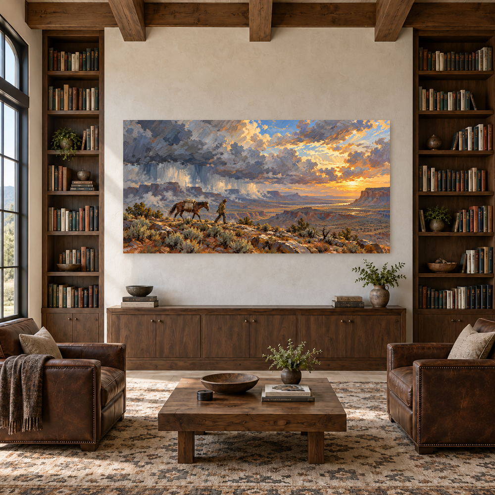 Rain Lifts Over the Breaks above a walnut console in a library with leather armchairs