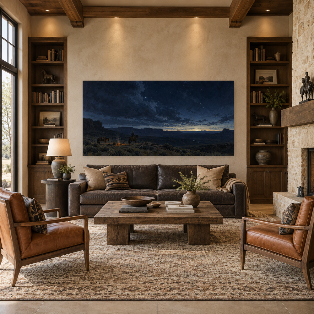 Last Watch Before Dawn above a leather sofa in a spacious ranch living room