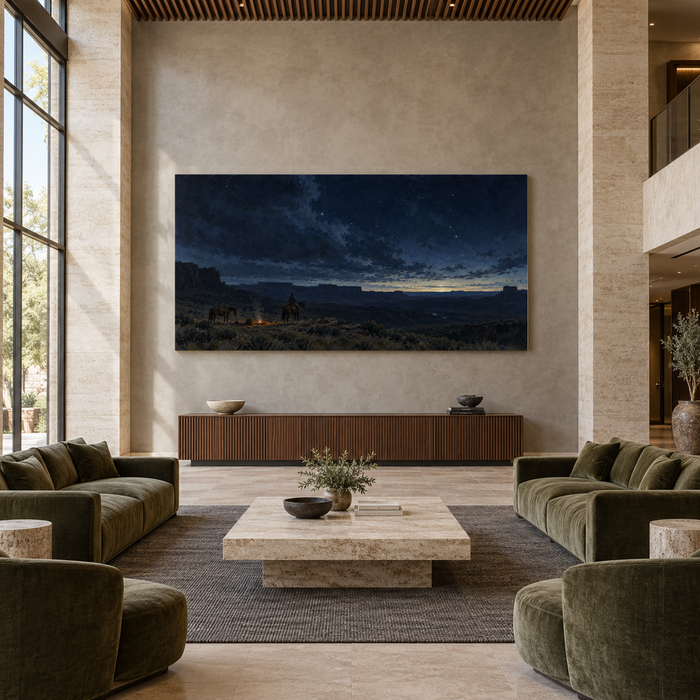 Last Watch Before Dawn above a walnut console in a spacious lobby