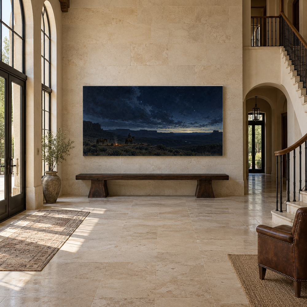 Last Watch Before Dawn above an oak bench in a limestone entryway