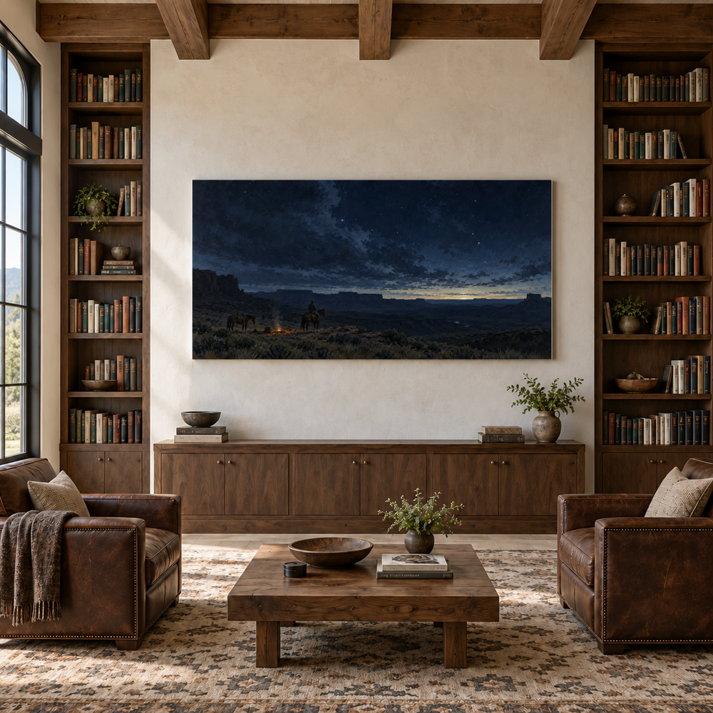 Last Watch Before Dawn above a walnut console in a library with leather armchairs