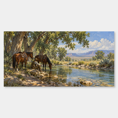Cottonwood Water Stop panoramic oil painting, complete artwork on a light grey background