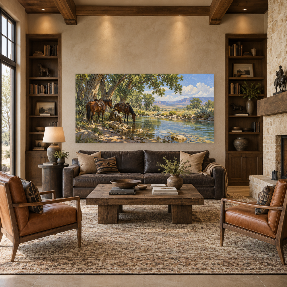 Cottonwood Water Stop above a leather sofa in a ranch living room