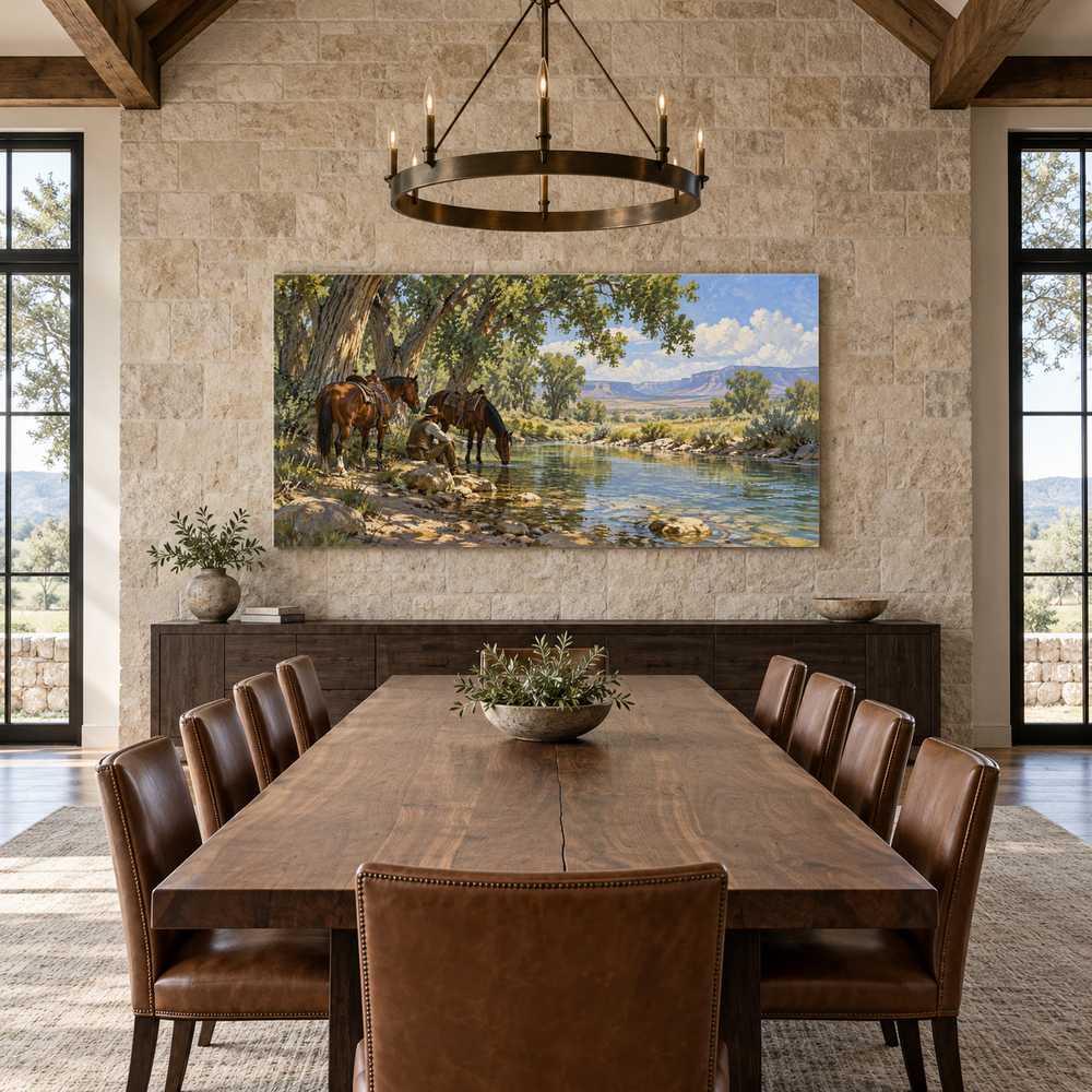 Cottonwood Water Stop above a long table in a limestone and leather dining room