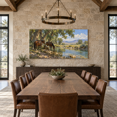 Cottonwood Water Stop above a long table in a limestone and leather dining room