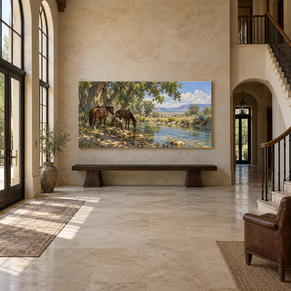 Cottonwood Water Stop above an oak bench in a limestone entryway