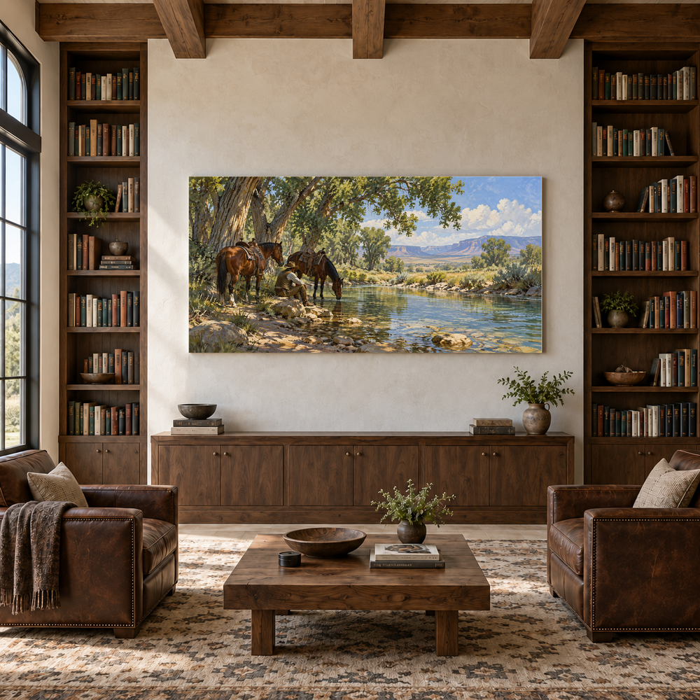 Cottonwood Water Stop above a walnut console in a library with leather armchairs
