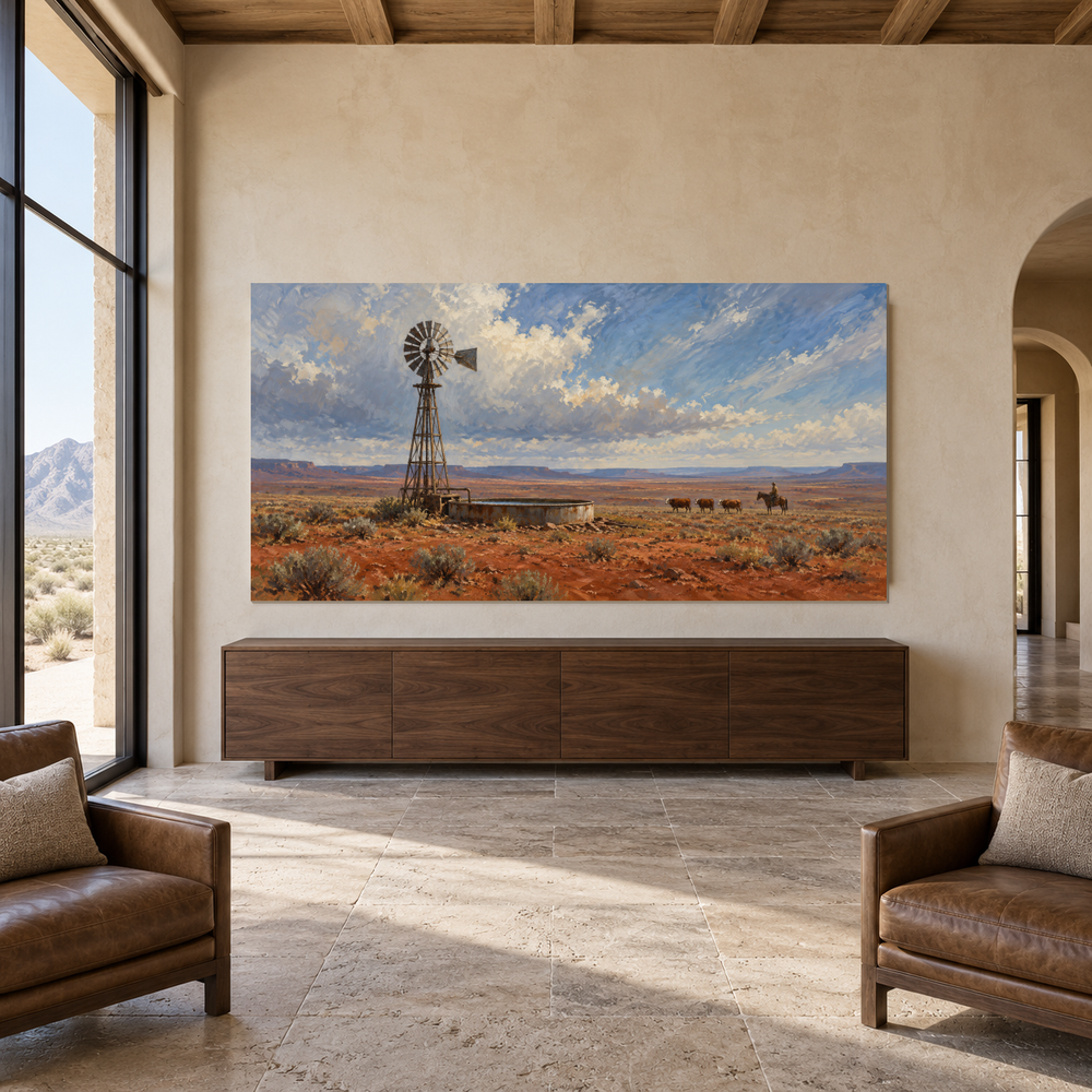 Windmill on Red Earth above a broad walnut console in a spacious entryway