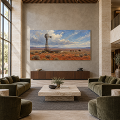 Windmill on Red Earth above a walnut console in a spacious lobby