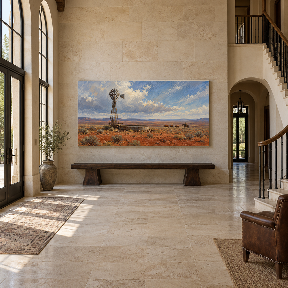 Windmill on Red Earth above an oak bench in a limestone entryway