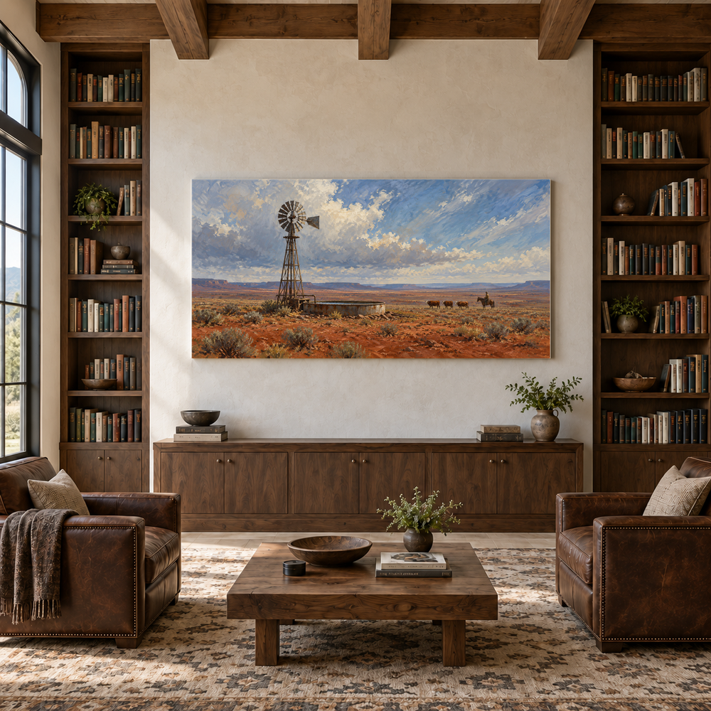 Windmill on Red Earth above a walnut console in a library with leather armchairs