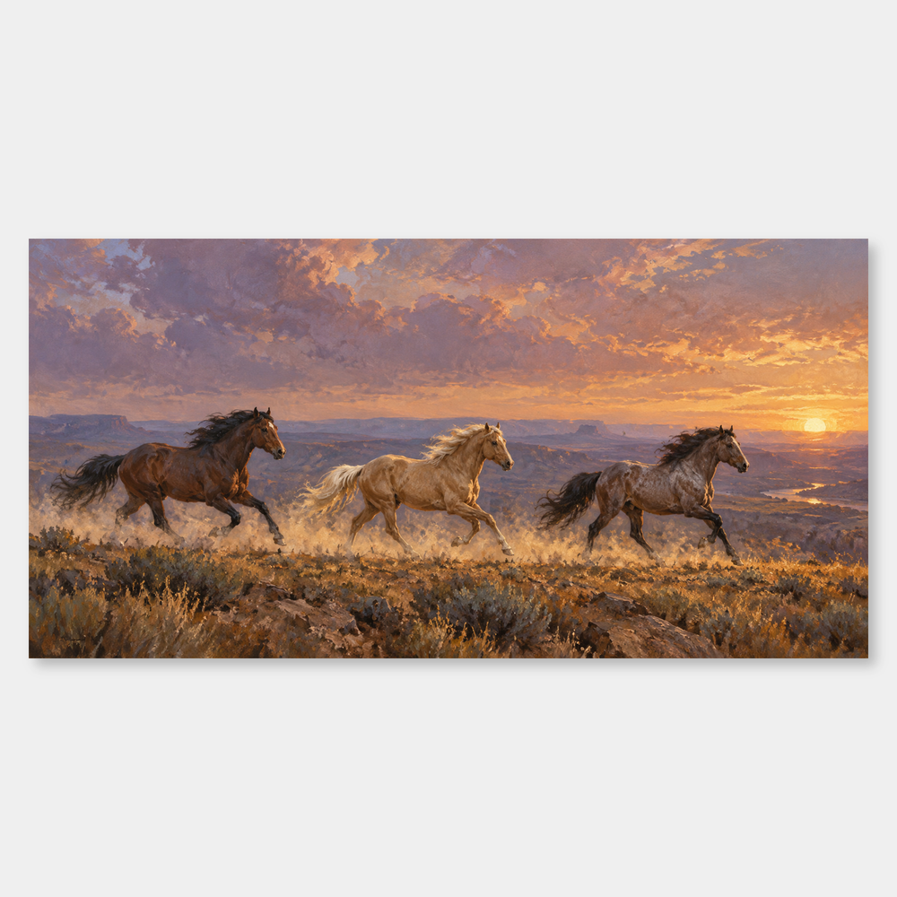 Mustang Run at Sundown panoramic oil painting, complete artwork on a light grey background