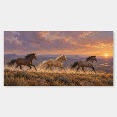 Mustang Run at Sundown panoramic oil painting, complete artwork on a light grey background
