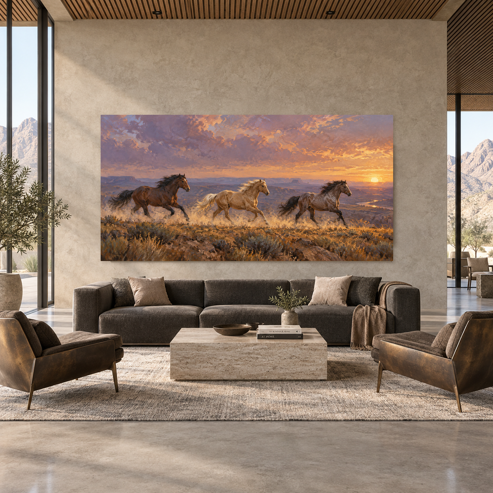 Mustang Run at Sundown above a complete sofa in a spacious ranch living room