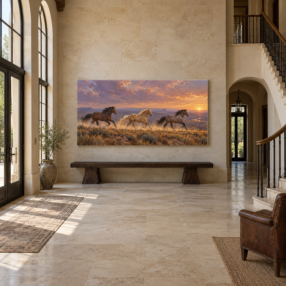 Mustang Run at Sundown above an oak bench in a limestone entryway