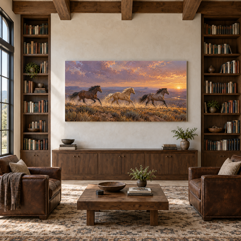 Mustang Run at Sundown above a walnut console in a library with leather armchairs
