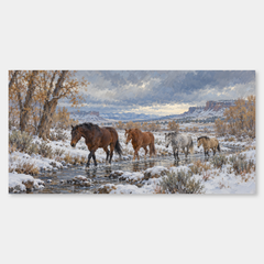First Snow at Dry Creek panoramic oil painting, complete artwork on a light grey background