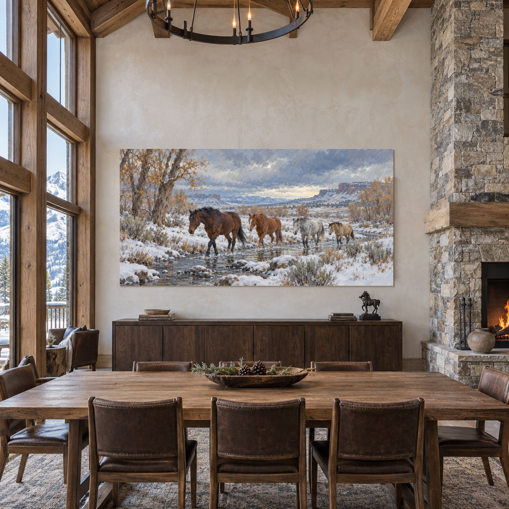 First Snow at Dry Creek above a walnut sideboard in a stone and timber dining room