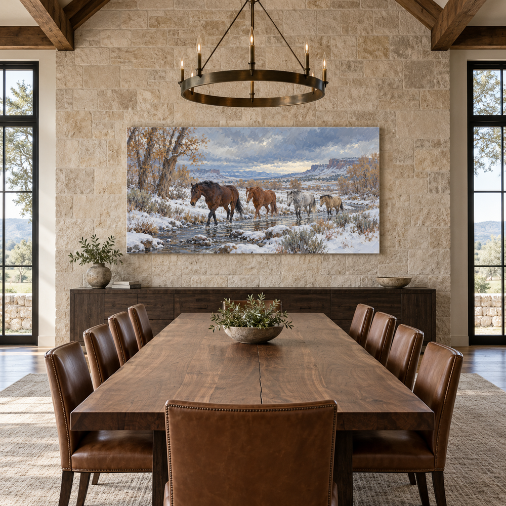 First Snow at Dry Creek above a long table in a limestone and leather dining room