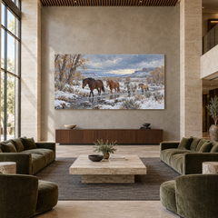 First Snow at Dry Creek above a walnut console in a spacious lobby