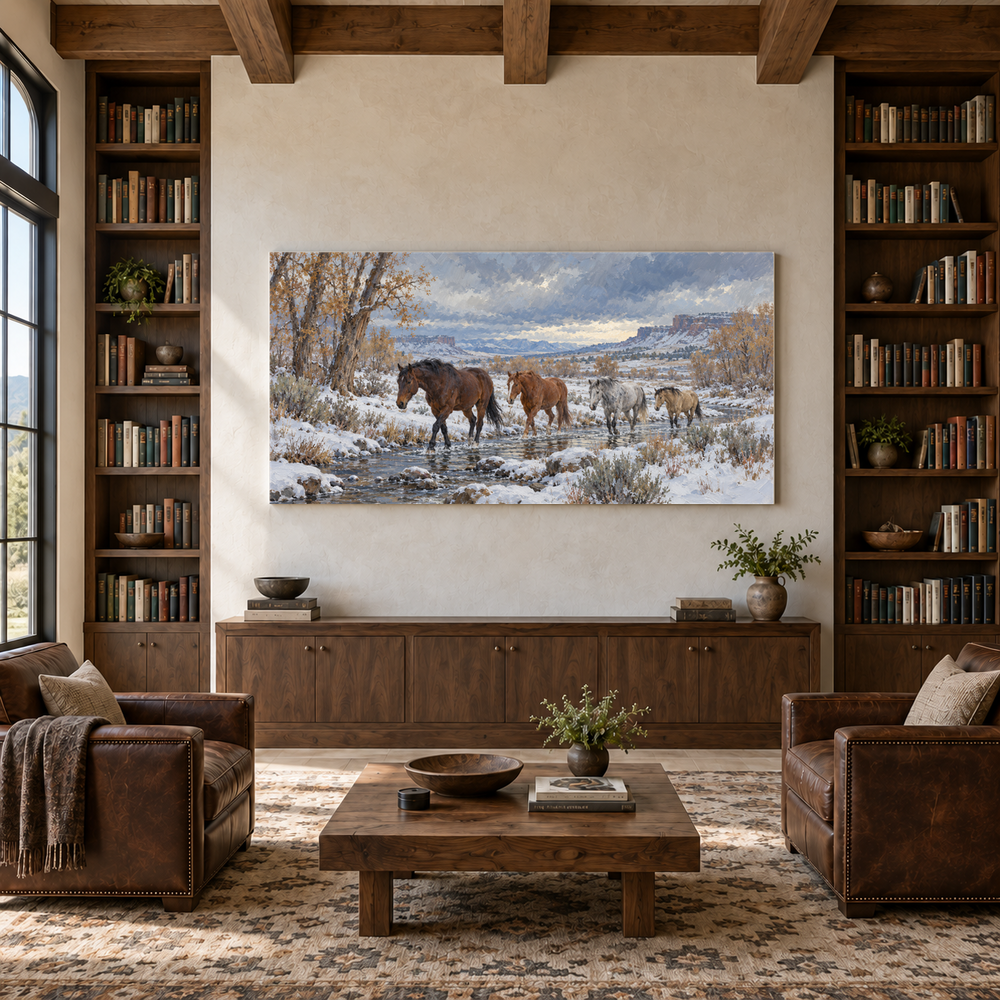 First Snow at Dry Creek above a walnut console in a library with leather armchairs