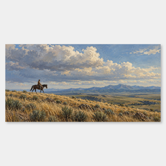 A Long Ride Across Open Range panoramic oil painting, complete artwork on a light grey background