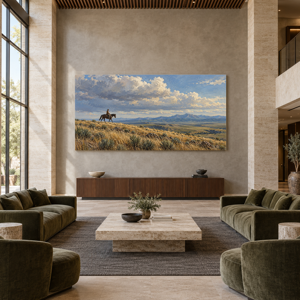 A Long Ride Across Open Range above a walnut console in a spacious lobby