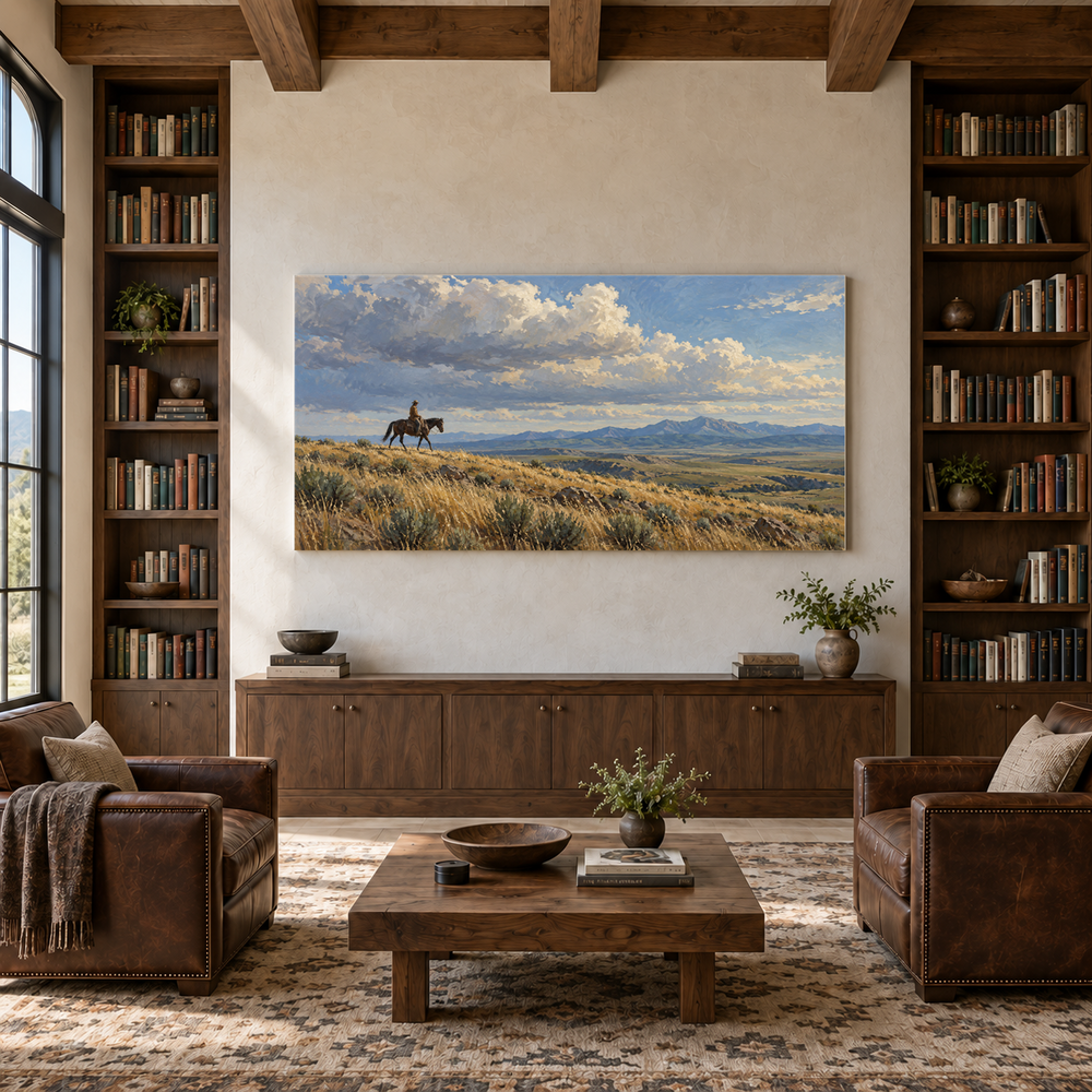 A Long Ride Across Open Range above a walnut console in a library with leather armchairs